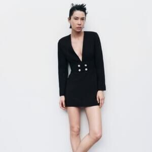 Zara Pearl Button Belted Blazer Dress V-Neck Long Sleeve Size XL Black